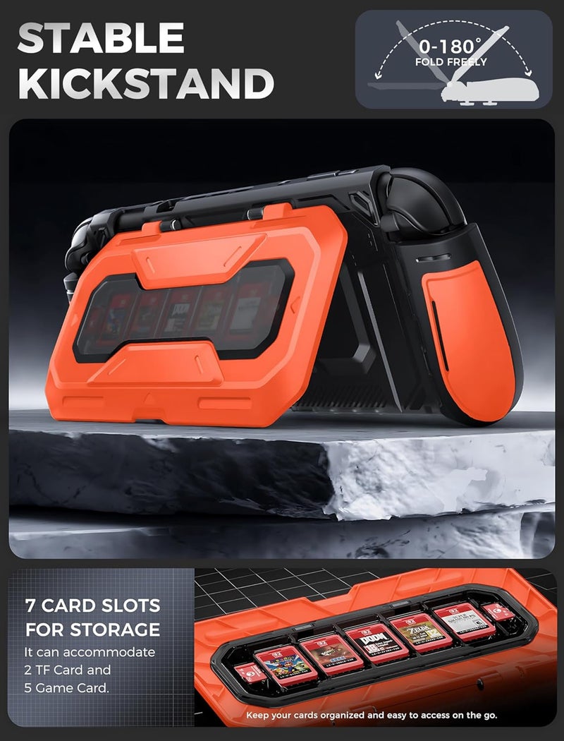 Mumba Dockable for Nintendo Switch 2 Case with Flip Stand, [Titan] Ergonomic Switch 2 Grip Protective Cover Holds 5 Game Cards & 2 TF Cards TPU Accessories and Quick-Release Joy-Con Design (Orange) - Image 3